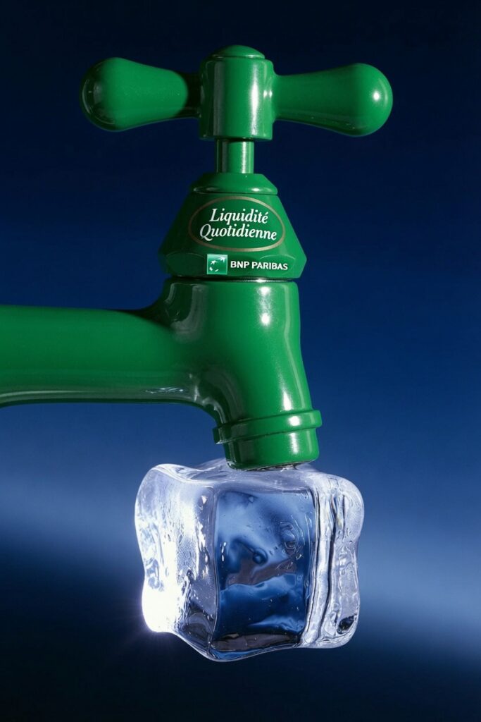 Robinet vert BNP Paribas « Liquidité quotidienne » gelé dans un bloc de glace