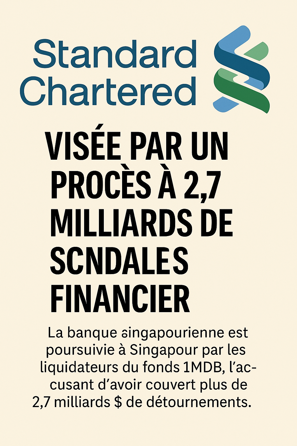 Standard Chartered visée par un procès à 2,7 milliards de dollars dans l’affaire 1MDB